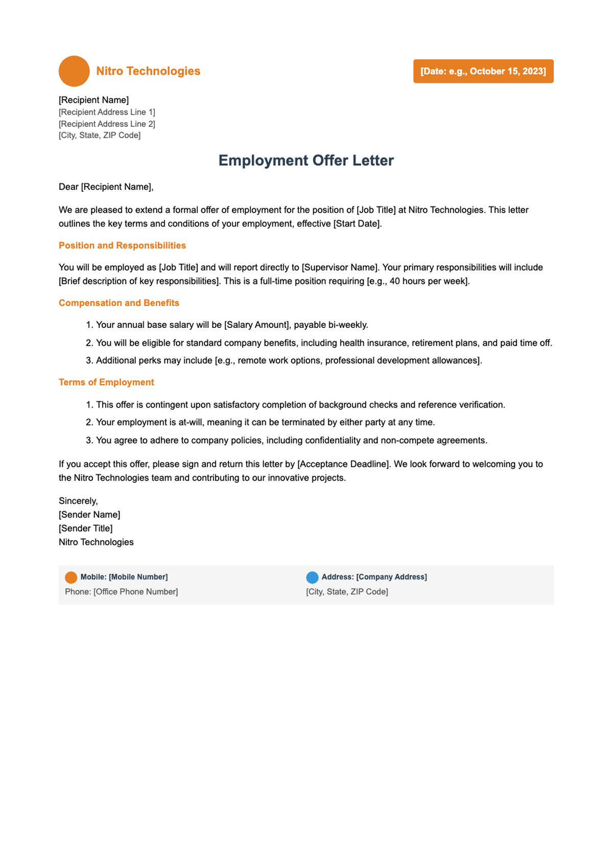 Professional offer of employment letter with orange accents and contact details_variant_1